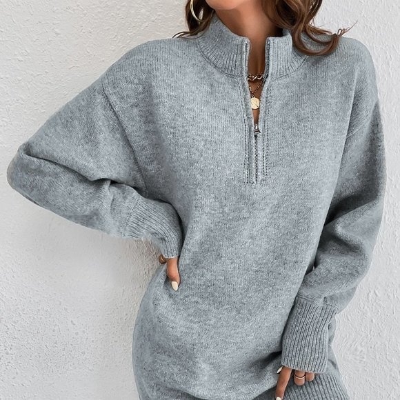 . Sweaters - Grey Preppy Womens Half Zip Drop Shoulder Sweater Dress